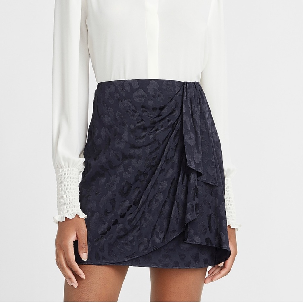 Navy Satin Leopard Print Mini High Waisted Skirt